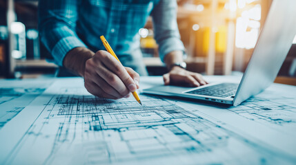 An architect meticulously reviews blueprints while working on a laptop, symbolizing precision and planning in architectural design.