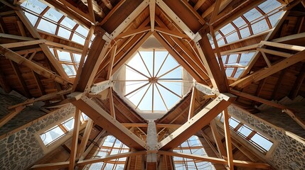 Intricate Wooden Framework of a Skylight