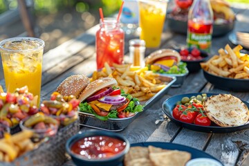 A picnic table set up with a spread of fast food items, drinks, and condiments.Greasy Food Day.Junk Food Day.Fast Food Day.