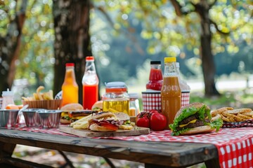 Junk Food Day.Greasy Food Day.Fast Food Day.A picnic table set up with a spread of fast food items, drinks, and condiments.
