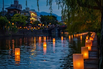Obon Matsuri,yukata,kimono,household altars.Japan Obon Festival.Traditional Japanese lanterns lit and floating on a river during Obon festival.