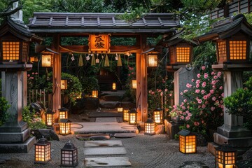 Fototapeta premium Obon matsuri.Japan Obon festival.Japanese lantern,yukata,kimono,household altars.A serene moment of meditation at an Obon shrine surrounded by lanterns and flowers.