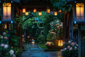 A serene moment of meditation at an Obon shrine surrounded by lanterns and flowers.Obon matsuri.Japan Obon festival.Japanese lantern,yukata,kimono,household altars.