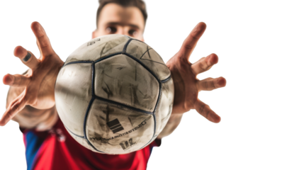 Football player in both hands holding ball on transparent background