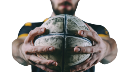 Football player in both hands holding ball on transparent background