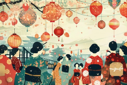 Japan Obon festival.Japanese lantern,yukata,kimono.Obon matsuri.A retro-style illustration of a vintage Obon festival, featuring old-fashioned lanterns and classic festival attire