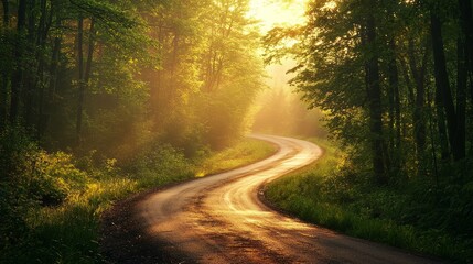 Fototapeta premium Sunlit Road Winding Through Forest
