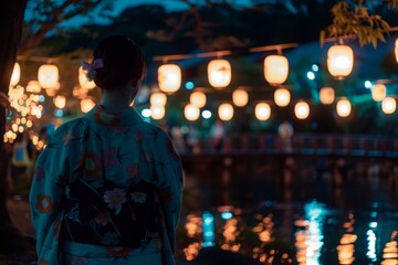 Fototapeta premium Traditional japanese yukata.Tanabata festival.A serene nighttime scene with a person in yukata lighting a paper lantern during a festival.