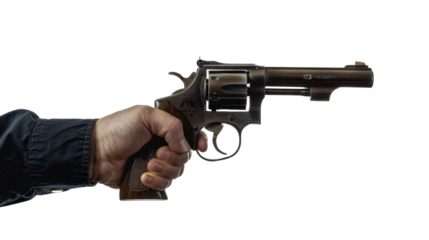 Hand holding gun revolver on transparent background