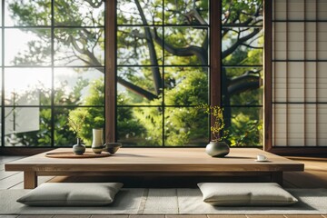 A cozy Japanese room with a tatami mat, low wooden table, and traditional decor.Japanese living room.Tatami mat.Zen living room.