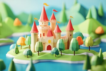 Colorful Orange Plastic Paper Castle with Sky and Towers Simple Web Graphic Art Generative Illustration