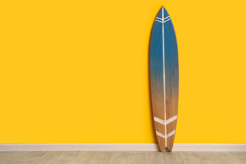 Surf board near yellow wall in room