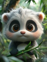 Obraz premium Adorable Cartoon Panda Cub Holding Bamboo in a Lush Forest