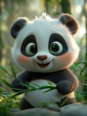 Obraz premium Adorable Cartoon Panda Cub Holding Bamboo