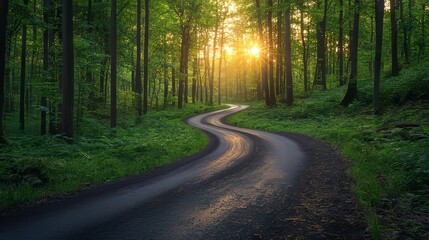 Curved road through a dense forest at sunrise