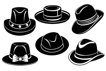 6 Unique Black Hat Styles Vector Illustration | Line Art, Outline, Silhouette, and Black Silhouette Designs