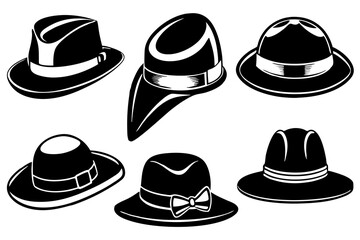 6 Unique Black Hat Styles Vector Illustration | Line Art, Outline, Silhouette, and Black Silhouette Designs