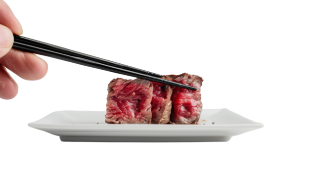Hand using chopsticks to pick up meet on transparent background