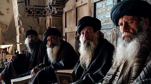 Illustration of ancient Jewish Pharisees during the period of Jesus Christ, known for their strict interpretation of religious law and their dedication to the study of scripture.