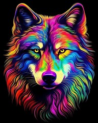 Colorful Wolf Portrait With Bright Rainbow Fur