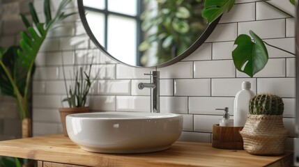Fototapeta premium Bathroom interior with wooden counter, white sink, and round mirror above.