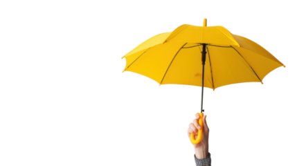 Hand holding yellow umbrella on transparent background