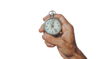 Hand holding stopwatch on transparent background 