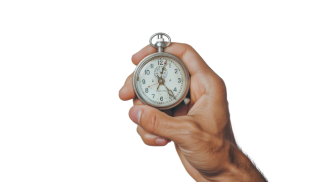 Hand holding stopwatch on transparent background 