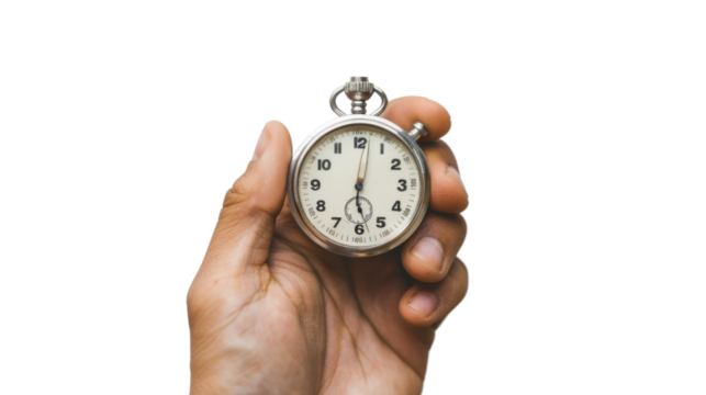 Hand holding stopwatch on transparent background 