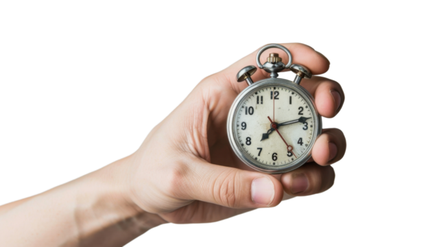 Hand holding stopwatch on transparent background 