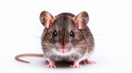 Close-up of a brown mouse with whiskers, standing against a white background, animal portrait.