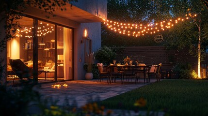 Obraz premium Beautiful outdoor patio with string lights and cozy seating