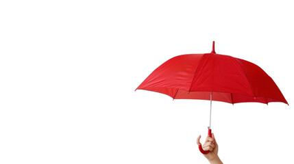 Hand holding red umbrella on transparent background