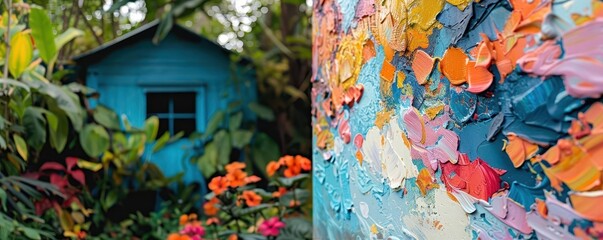 Canvas filled with chaotic yet harmonious colors, close up, theme chaos and order, surreal, blend mode, garden shed backdrop