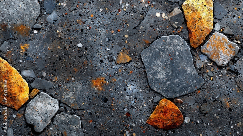 Poster The ground features an array of stones and gravel, showcasing unique colors and textures amidst a gray background