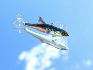 Hard Baits For Trout. Fishing Lures. Lures. Fishing. Baits for Mountain Creek. Minnows For Trout. Jerkbait. Swimbait. Bigminnow. Seabass bait. Sky Background.