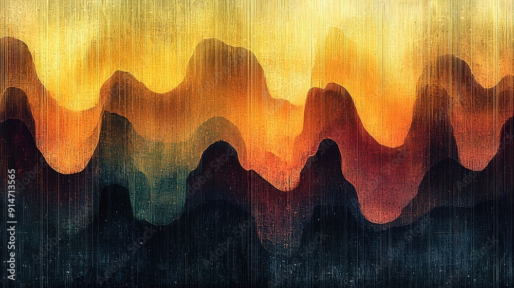 Poster Wavy layers of bright colors create an abstract representation of mountains against a textured backdrop, evoking a stunning sunset atmosphere