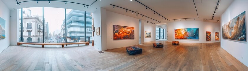 Experimental art performance in a stylish gallery, copy space, theme avantgarde, surreal, overlay, highceiling gallery backdrop