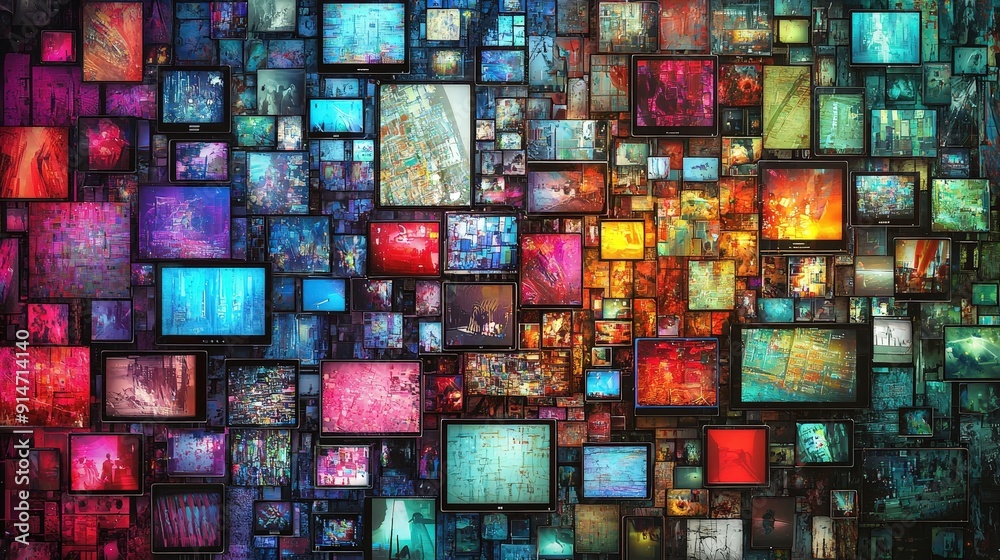 Aufkleber Diverse screens showcase an array of bright and colorful abstract patterns in a modern exhibit