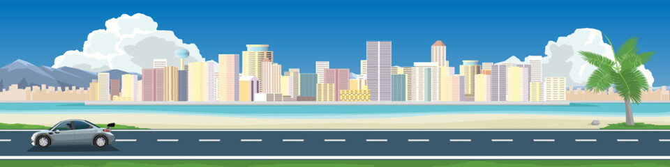 Horizontal and landscape of asphalt road on the beach. Car with driver travel on the road. with coconut on the beach. Residential and business districts far from the sea. and mountain under the sky.