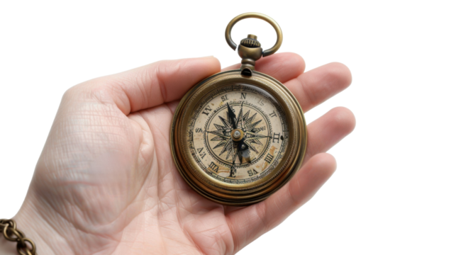 Hand holding compass on transparent background
