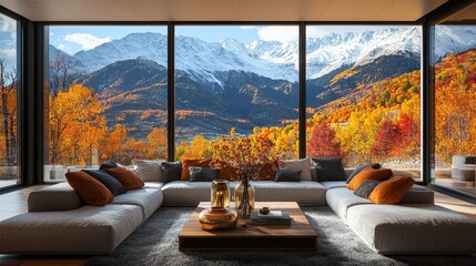 A spacious living room with a panoramic mountain view showcases vibrant fall colors filtering through large windows