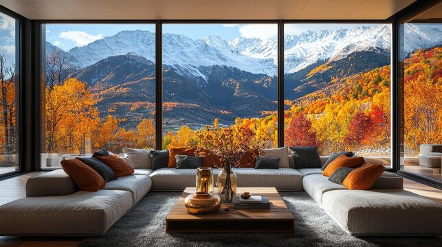 Fototapeta A spacious living room with a panoramic mountain view showcases vibrant fall colors filtering through large windows