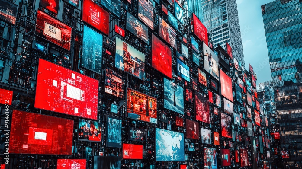 Poster numerous screens illuminate a cityscape, showcasing a variety of dynamic visual content in bright co