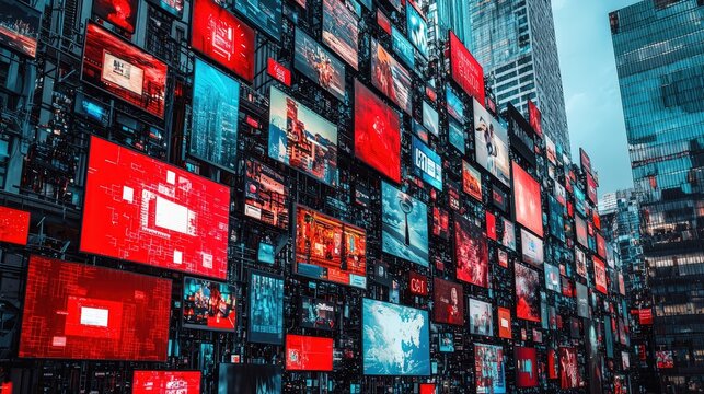 Numerous screens illuminate a cityscape, showcasing a variety of dynamic visual content in bright colors against the twilight backdrop