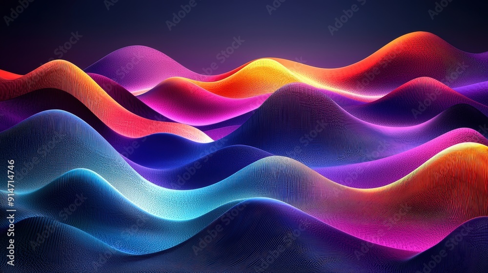 Poster vibrant waves of light in shades of purple, pink, and blue undulate gracefully in a dark backdrop, c