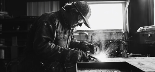 Skilled Metalworker Performing Precision Welding in Workshop During Afternoon Light