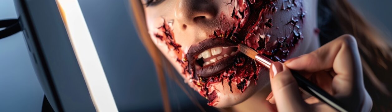 Woman applying makeup, cracked and bloody face, horror movie, Halloween.