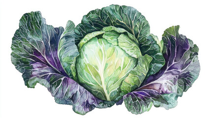 Obraz premium Watercolor Illustration of Fresh Green Cabbage with Purple Leaves on White Background