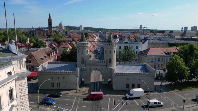 Nauener tor gate standing in potsdam city. Breathtaking aerial view flight drone